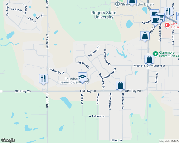 map of restaurants, bars, coffee shops, grocery stores, and more near 2705 Trailwood Drive in Claremore