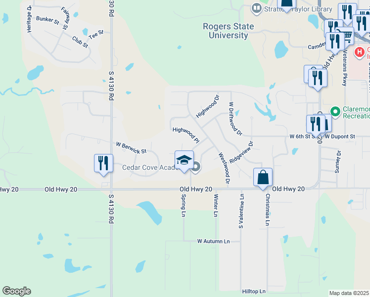 map of restaurants, bars, coffee shops, grocery stores, and more near 2715 Meadow Wood Place in Claremore
