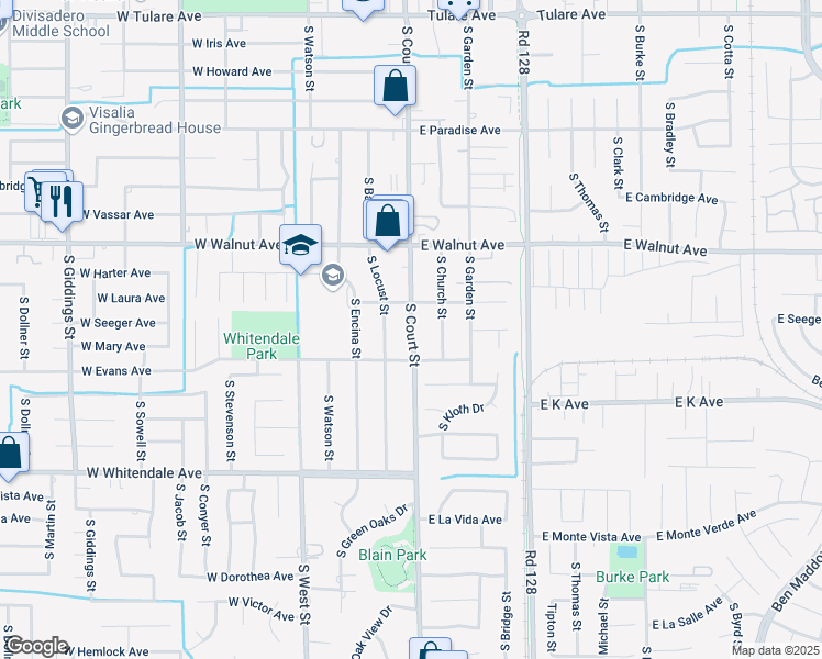 map of restaurants, bars, coffee shops, grocery stores, and more near South Court Street in Visalia