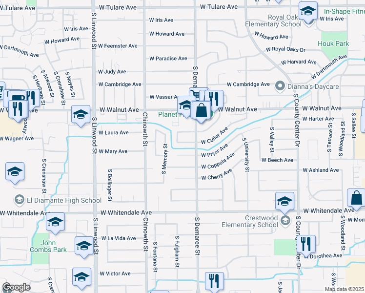 map of restaurants, bars, coffee shops, grocery stores, and more near 3732 West Cutler Avenue in Visalia