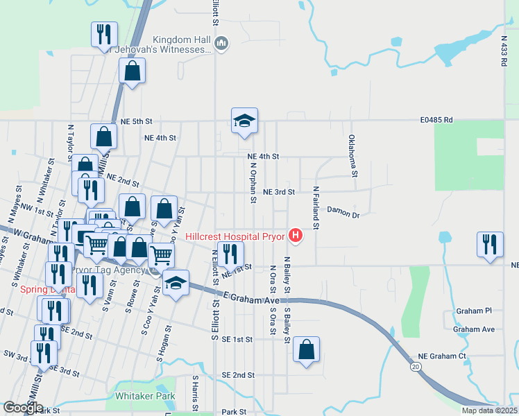 map of restaurants, bars, coffee shops, grocery stores, and more near 221 North Orphan Street in Pryor