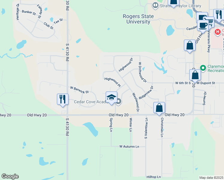 map of restaurants, bars, coffee shops, grocery stores, and more near 2715 Meadow Wood Place in Claremore