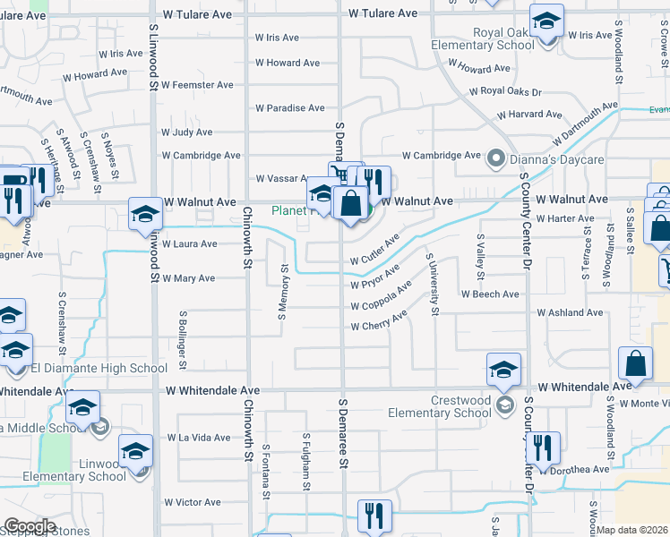 map of restaurants, bars, coffee shops, grocery stores, and more near 3711 West Cutler Avenue in Visalia
