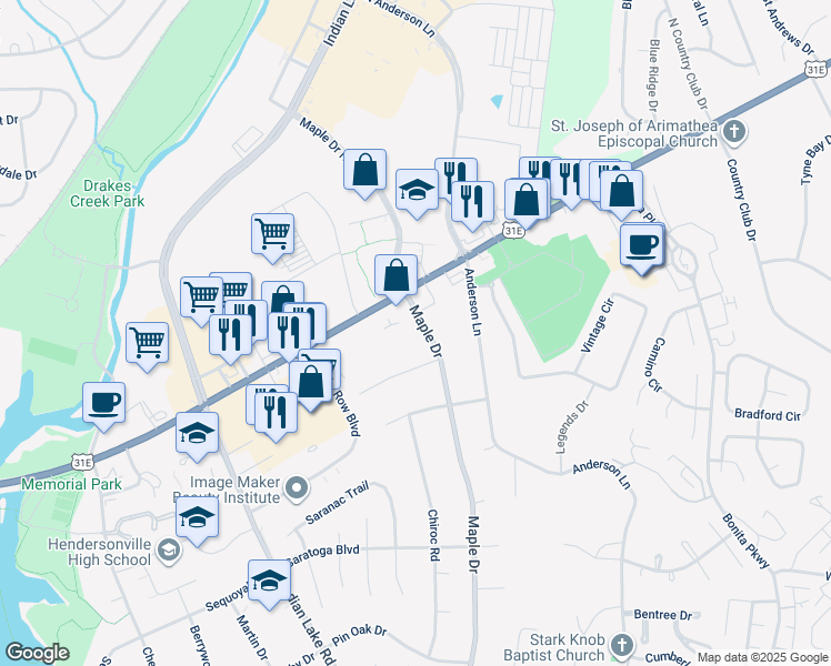 map of restaurants, bars, coffee shops, grocery stores, and more near 104 Maple Drive in Hendersonville