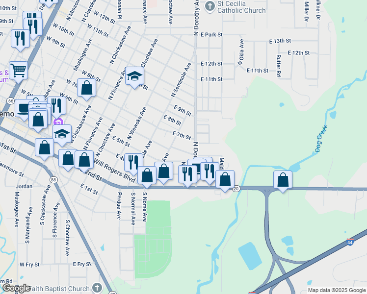 map of restaurants, bars, coffee shops, grocery stores, and more near 408 North Lavira Avenue in Claremore