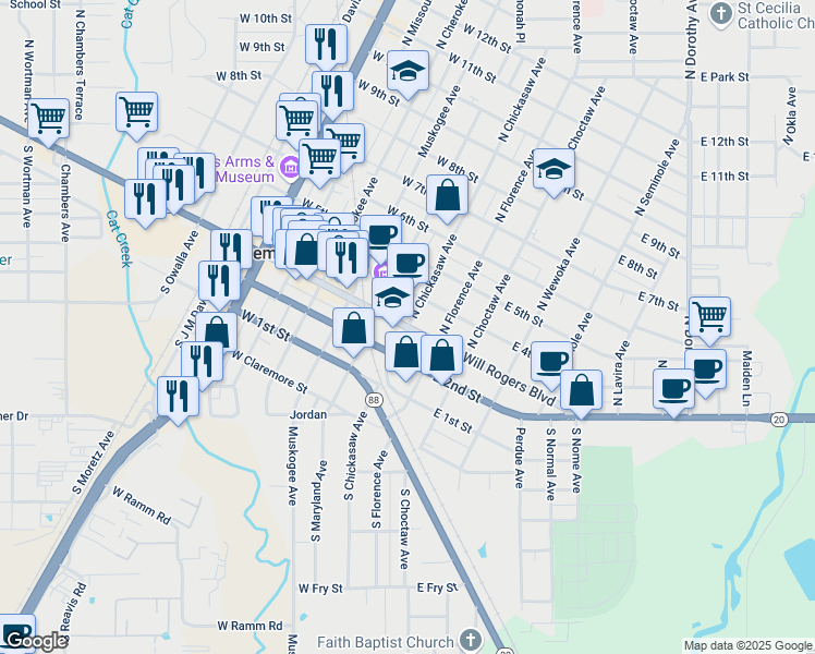 map of restaurants, bars, coffee shops, grocery stores, and more near 109 North Chickasaw Avenue in Claremore