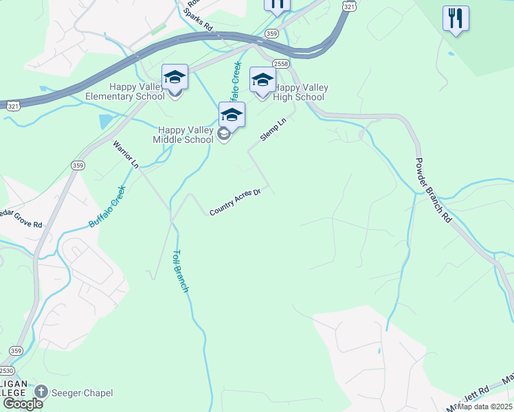 map of restaurants, bars, coffee shops, grocery stores, and more near 115 Country Acres Drive in Elizabethton