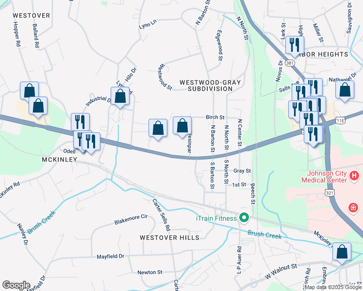 map of restaurants, bars, coffee shops, grocery stores, and more near 605 Wesinpar in Johnson City