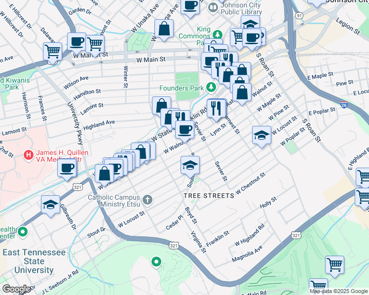 map of restaurants, bars, coffee shops, grocery stores, and more near 603 West Walnut Street in Johnson City
