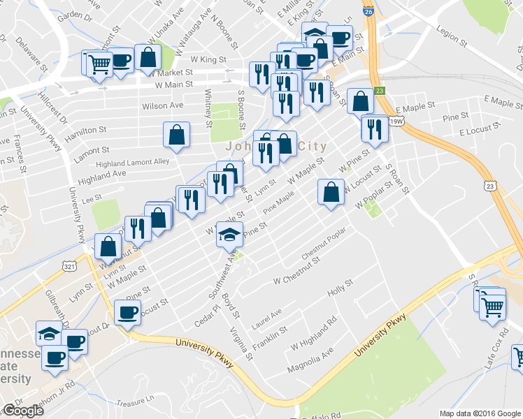 map of restaurants, bars, coffee shops, grocery stores, and more near 427 West Maple Street in Johnson City