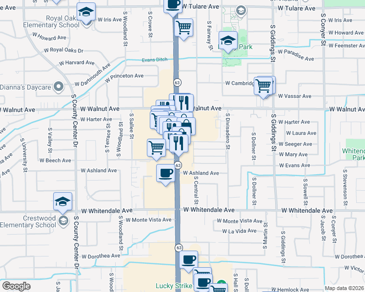 map of restaurants, bars, coffee shops, grocery stores, and more near 2238 South Mooney Boulevard in Visalia