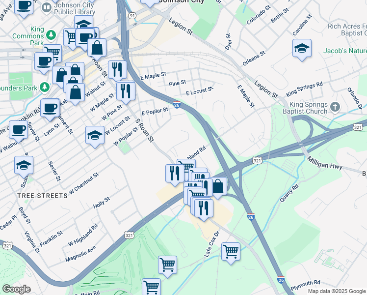 map of restaurants, bars, coffee shops, grocery stores, and more near 106 Terrace Court in Johnson City