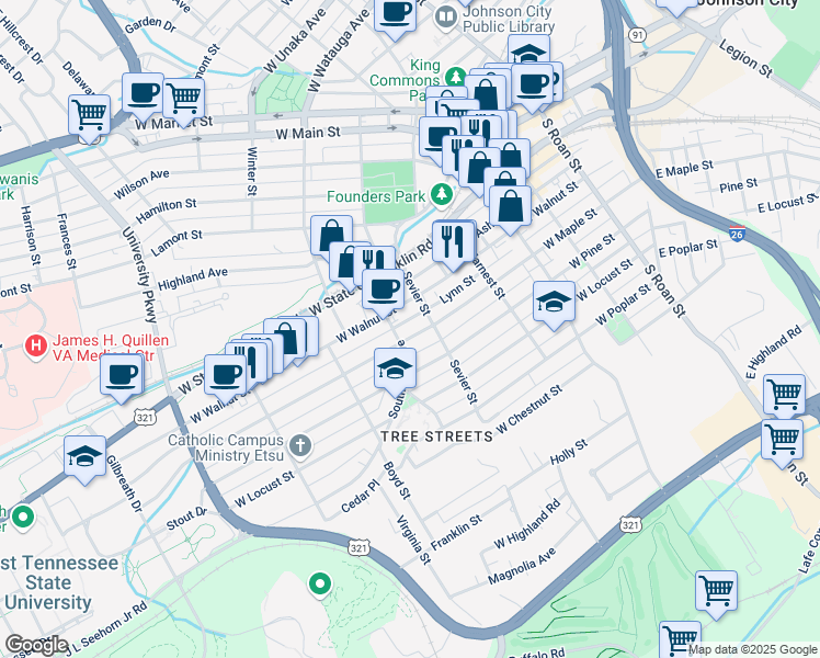 map of restaurants, bars, coffee shops, grocery stores, and more near 603 West Walnut Street in Johnson City