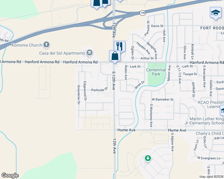 map of restaurants, bars, coffee shops, grocery stores, and more near 1200 South 12th Avenue in Hanford