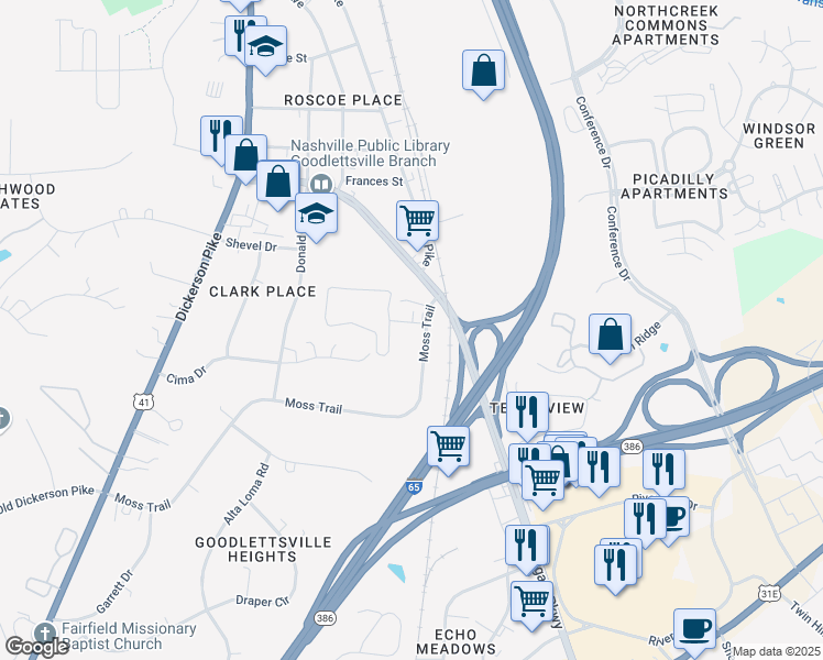 map of restaurants, bars, coffee shops, grocery stores, and more near 450 Moss Trail in Goodlettsville