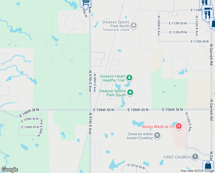 map of restaurants, bars, coffee shops, grocery stores, and more near 10723 North 100th East Avenue in Owasso