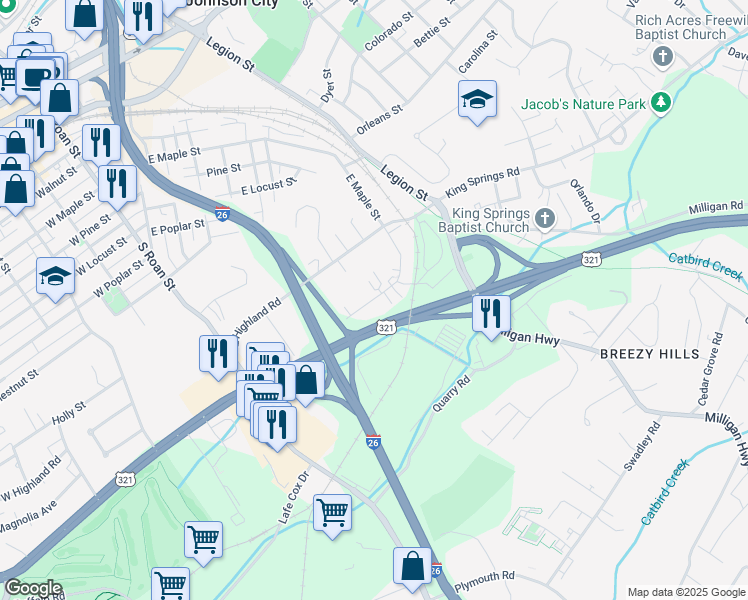 map of restaurants, bars, coffee shops, grocery stores, and more near 160 East Grande Avenue in Johnson City