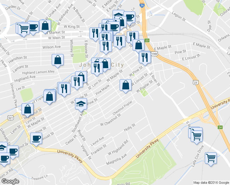 map of restaurants, bars, coffee shops, grocery stores, and more near 1004 Earnest Street in Johnson City