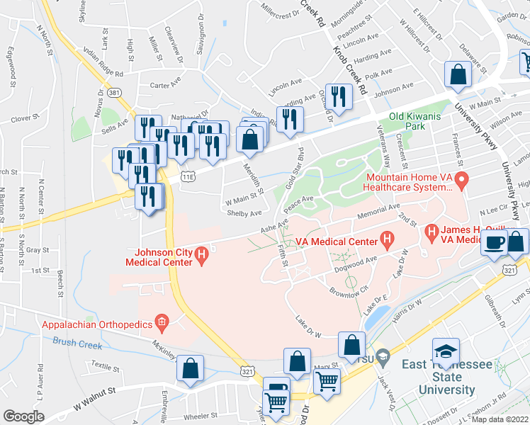 map of restaurants, bars, coffee shops, grocery stores, and more near 1201 Shelby Avenue in Johnson City