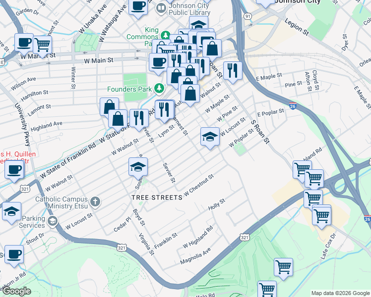 map of restaurants, bars, coffee shops, grocery stores, and more near 1004 Earnest Street in Johnson City