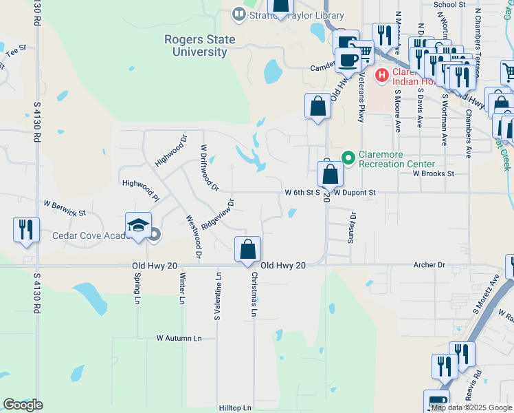 map of restaurants, bars, coffee shops, grocery stores, and more near 635 Earthside Circle in Claremore
