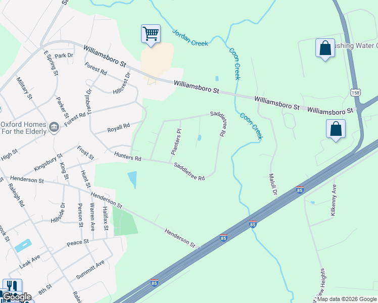 map of restaurants, bars, coffee shops, grocery stores, and more near 108 Shadow Lane in Oxford