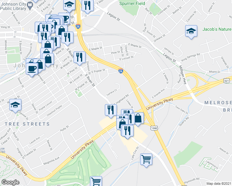 map of restaurants, bars, coffee shops, grocery stores, and more near 106 Terrace Court in Johnson City