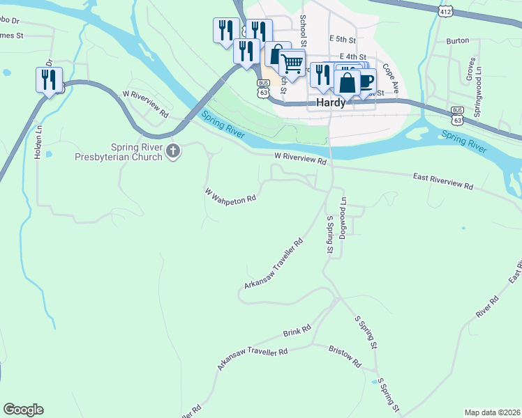 map of restaurants, bars, coffee shops, grocery stores, and more near 167 West Wahpeton Hill Road in Hardy