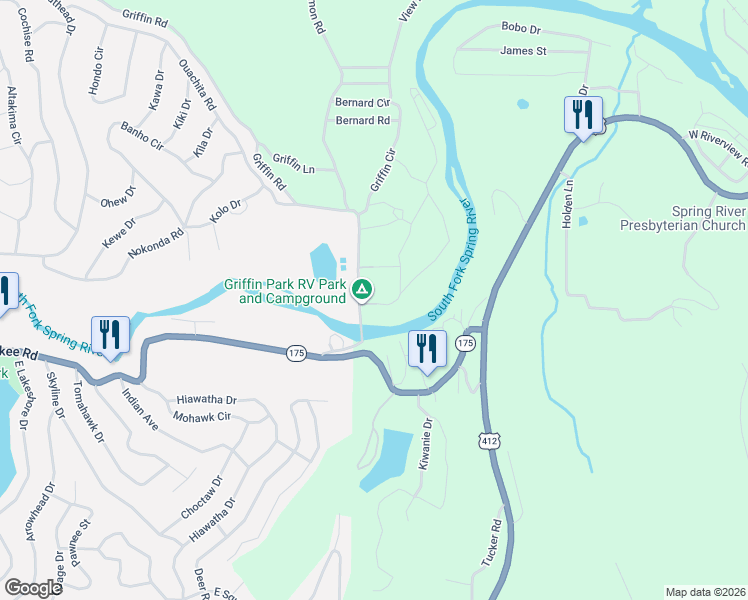 map of restaurants, bars, coffee shops, grocery stores, and more near 45 Griffin Road in Hardy