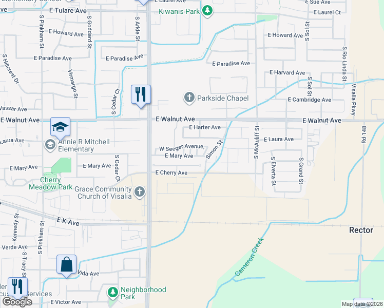 map of restaurants, bars, coffee shops, grocery stores, and more near 2222 South Valley Street in Visalia