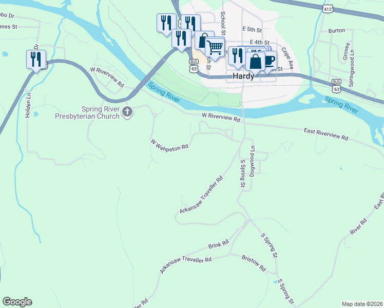 map of restaurants, bars, coffee shops, grocery stores, and more near 167 West Wahpeton Hill Road in Hardy