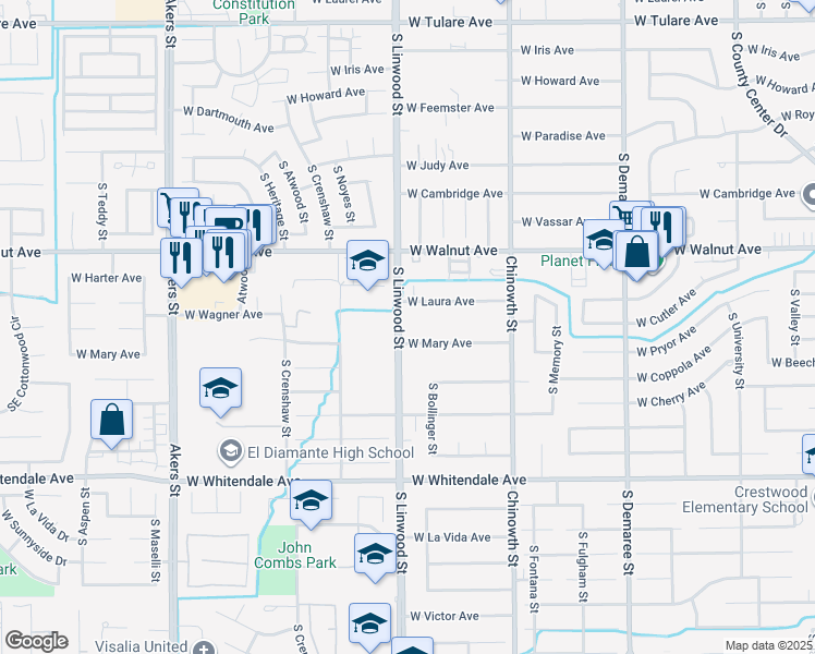 map of restaurants, bars, coffee shops, grocery stores, and more near 2230 South Linwood Street in Visalia