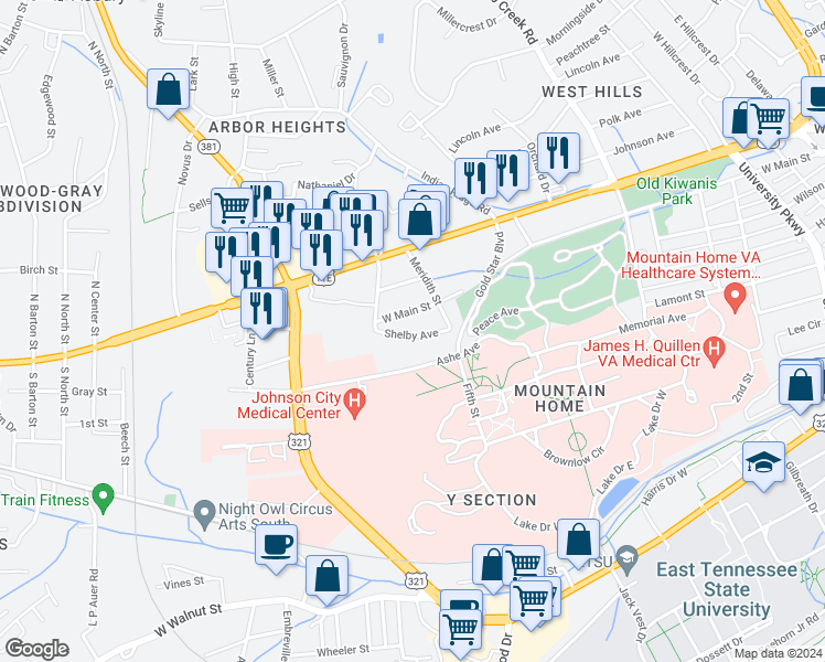 map of restaurants, bars, coffee shops, grocery stores, and more near 1212 Shelby Avenue in Johnson City