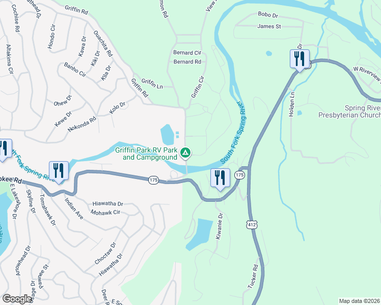map of restaurants, bars, coffee shops, grocery stores, and more near 45 Griffin Road in Hardy