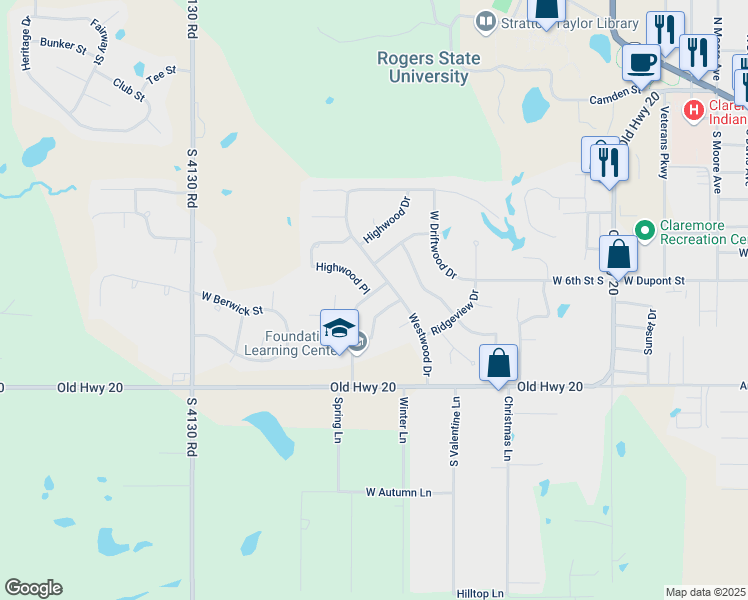 map of restaurants, bars, coffee shops, grocery stores, and more near 2705 Trailwood Drive in Claremore