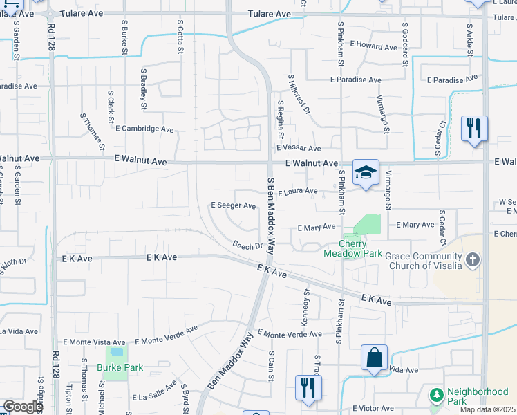 map of restaurants, bars, coffee shops, grocery stores, and more near 2036 East Seeger Avenue in Visalia