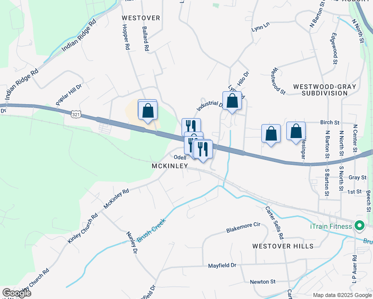 map of restaurants, bars, coffee shops, grocery stores, and more near 3111 West Market Street in Johnson City