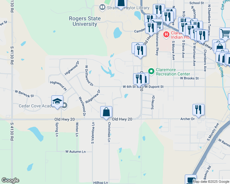 map of restaurants, bars, coffee shops, grocery stores, and more near 634 Earthside Circle in Claremore