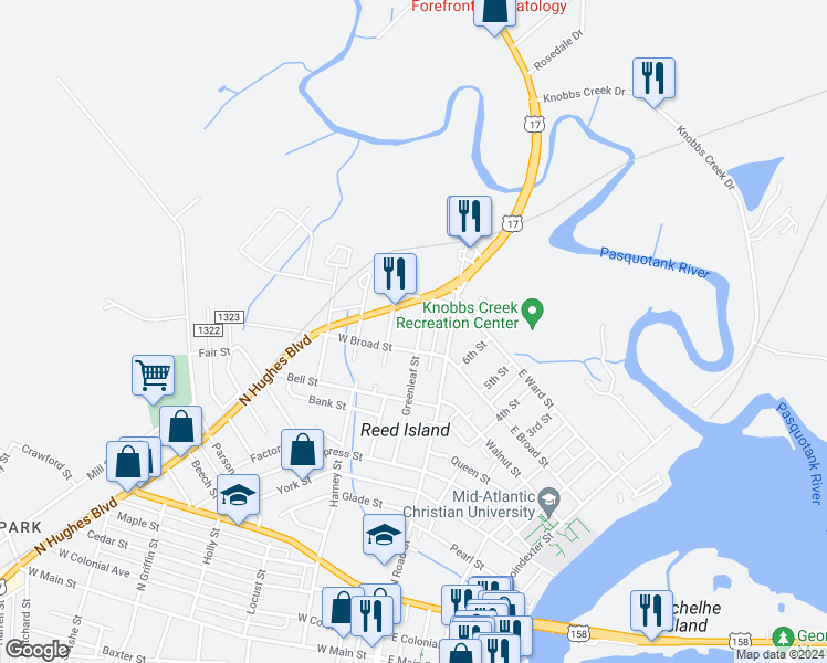 map of restaurants, bars, coffee shops, grocery stores, and more near 905 Greenleaf Street in Elizabeth City