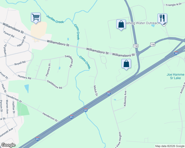 map of restaurants, bars, coffee shops, grocery stores, and more near 116 Maluli Drive in Oxford