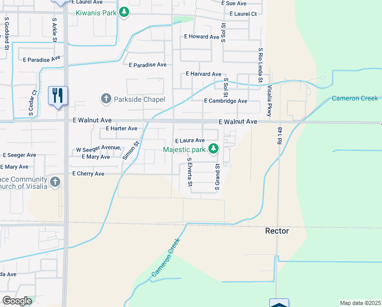 map of restaurants, bars, coffee shops, grocery stores, and more near 3803 East Seeger Court in Visalia