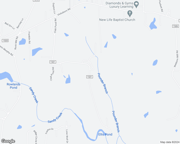 map of restaurants, bars, coffee shops, grocery stores, and more near Club Pond Road in Vance County