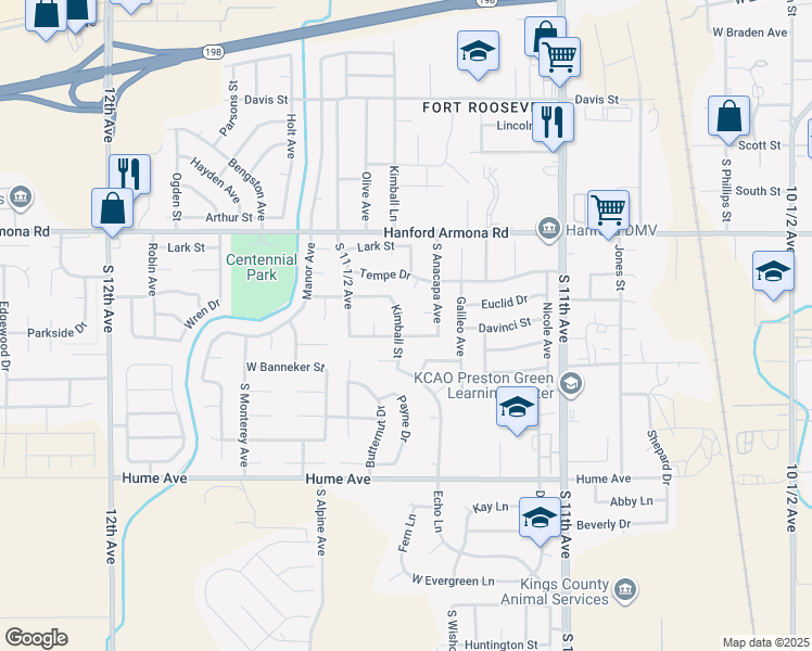 map of restaurants, bars, coffee shops, grocery stores, and more near 1275 Kimball Street in Hanford