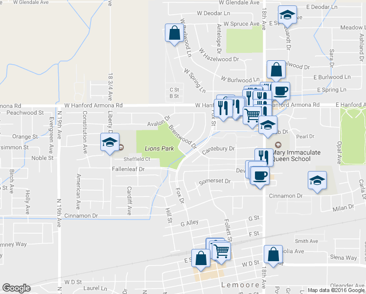 map of restaurants, bars, coffee shops, grocery stores, and more near 360 Hanover Avenue in Lemoore