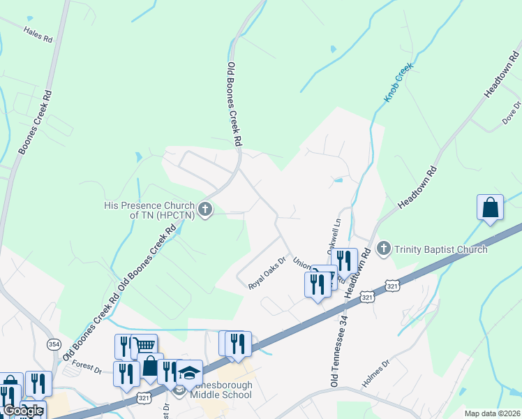 map of restaurants, bars, coffee shops, grocery stores, and more near 139 Union Church Rd in Jonesborough