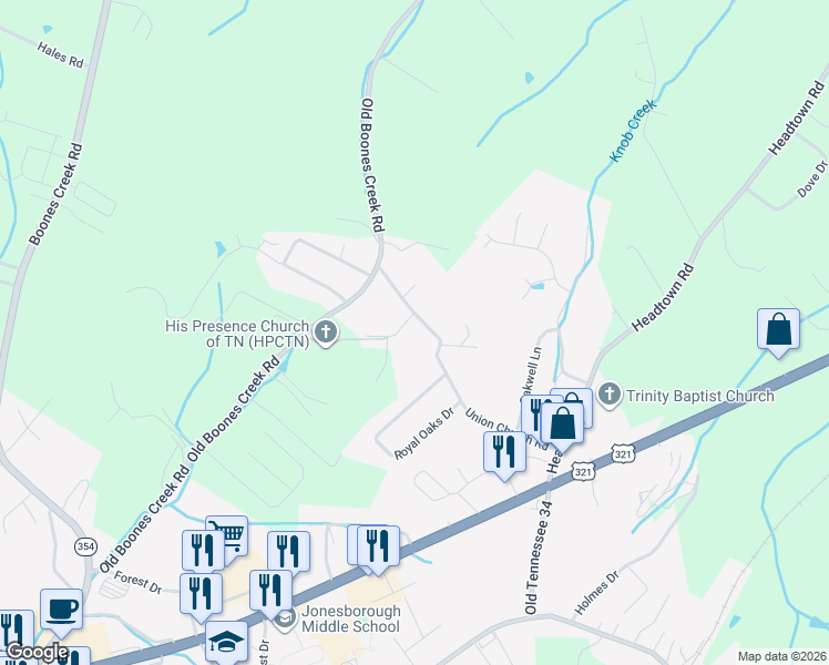 map of restaurants, bars, coffee shops, grocery stores, and more near 139 Union Church Road in Jonesborough