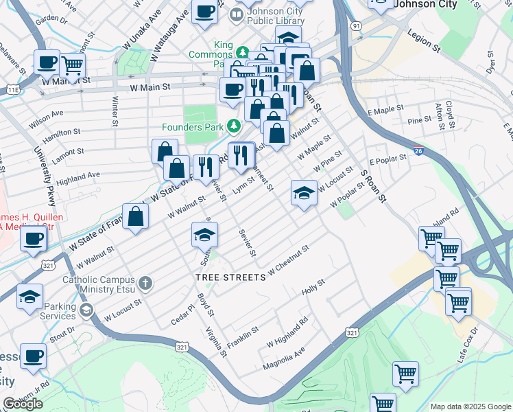 map of restaurants, bars, coffee shops, grocery stores, and more near 414 W Pine St in Johnson City