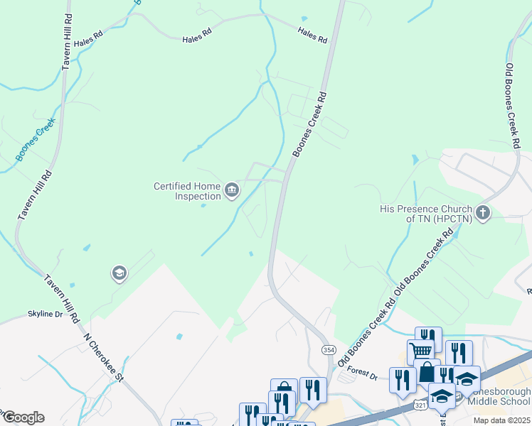 map of restaurants, bars, coffee shops, grocery stores, and more near 1071 Boones Creek Road in Jonesborough