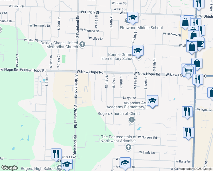 map of restaurants, bars, coffee shops, grocery stores, and more near 1916 South 17th Street in Rogers