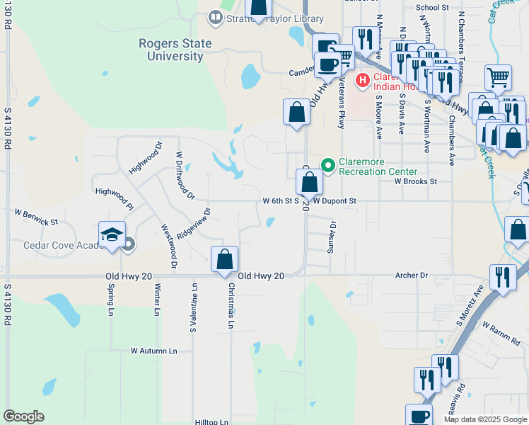 map of restaurants, bars, coffee shops, grocery stores, and more near 636 Earthside Drive in Claremore